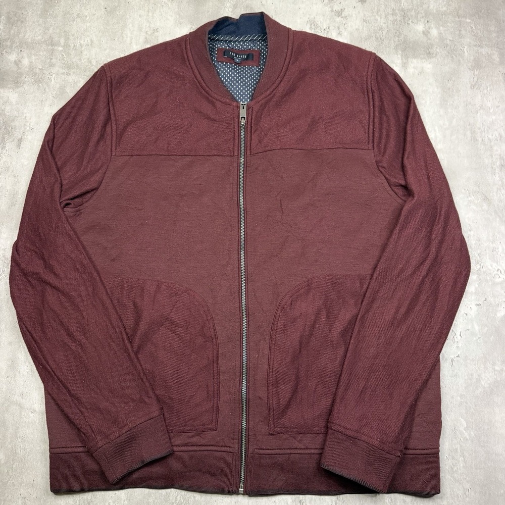 Ted Baker London Mens Size 6 Burgundy Zip Up Bomber Sweater Jacket Fleece